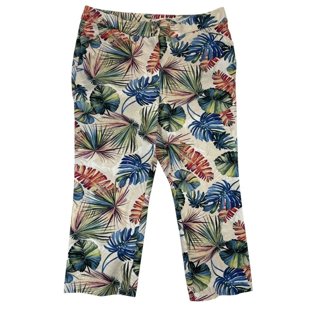 Chico's Pants Women 16 Multi Color Cropped Tropical Botanical Cotton Blend